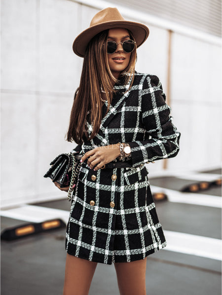 Zelie Printed Blazer Dress - three-quarter front shot, black and white check - Miss Mosa By Akanksha