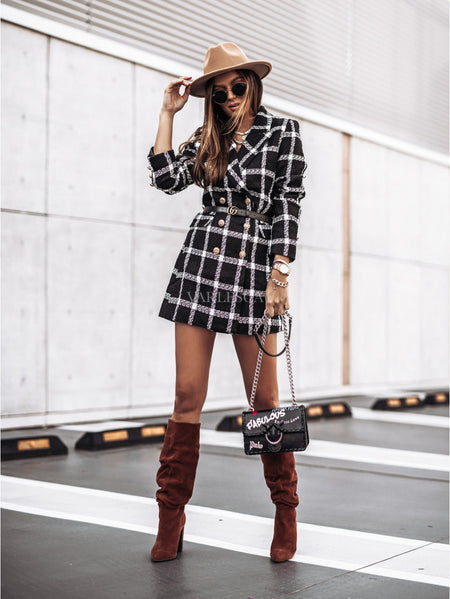 Zelie Printed Blazer Dress - full-length front shot, black and white check - Miss Mosa By Akanksha