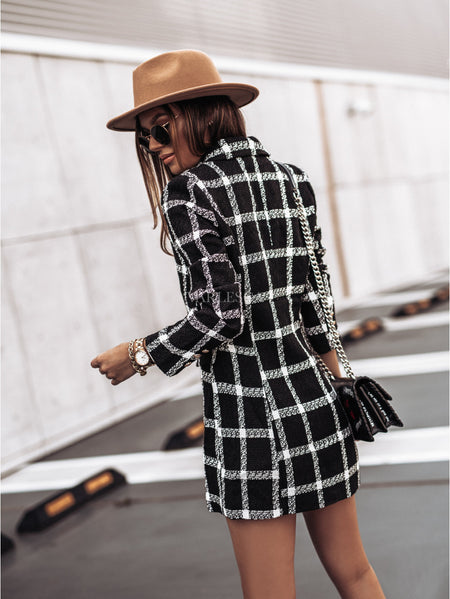 Zelie Printed Blazer Dress - back shot, black and white check - Miss Mosa By Akanksha