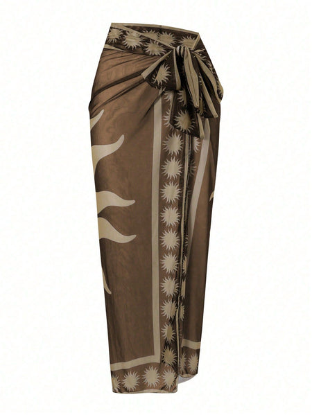 Zelie Printed Swimsuit With Sarong - flat-lay shot, brown and cream - Miss Mosa By Akanksha