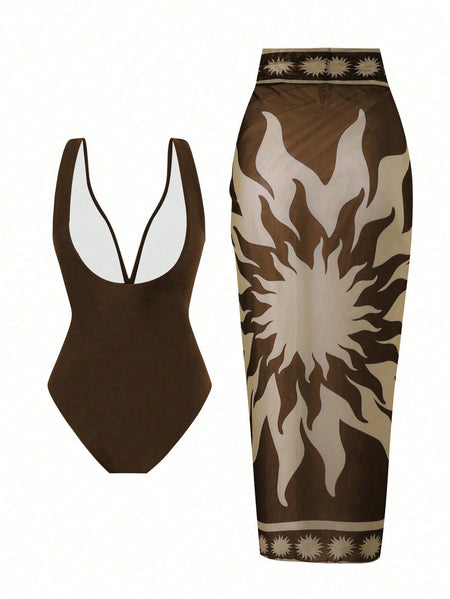 Zelie Printed Swimsuit With Sarong - flat-lay shot, brown and cream - Miss Mosa By Akanksha