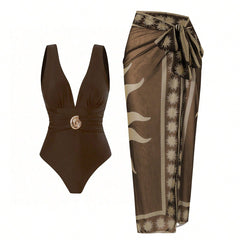 Zelie Printed Swimsuit With Sarong - flat-lay shot, brown and cream - Miss Mosa By Akanksha