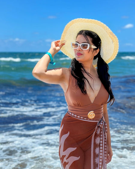 Zelie Printed Swimsuit With Sarong - full-length shot, brown - Miss Mosa By Akanksha