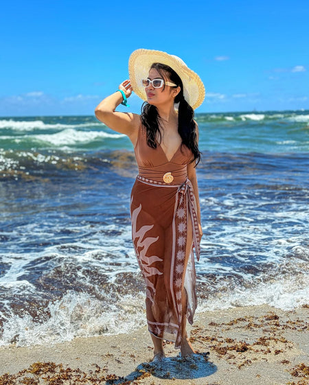 Zelie Printed Swimsuit With Sarong - full-length shot, brown - Miss Mosa By Akanksha