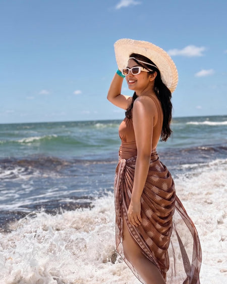 Zelie Printed Swimsuit With Sarong - side shot, brown - Miss Mosa By Akanksha