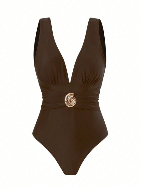 Zelie Printed Swimsuit With Sarong - flat-lay shot, brown - Miss Mosa By Akanksha