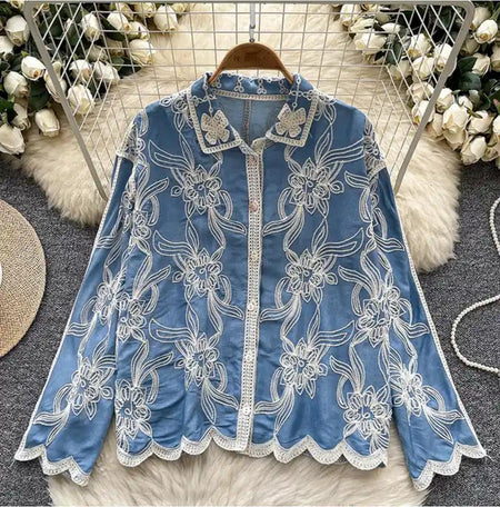 Zen Premium Embroidered Cotton Shirt - flat-lay product shot on hanger, blue - Miss Mosa By Akanksha