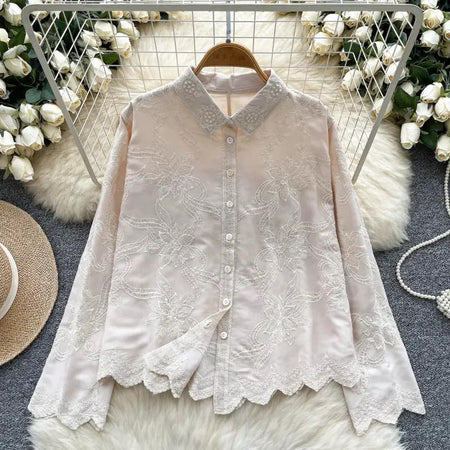 Zen Premium Embroidered Cotton Shirt - flat-lay product shot on hanger, cream - Miss Mosa By Akanksha