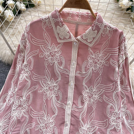 Zen Premium Embroidered Cotton Shirt - close-up of collar and embroidery detail, pink - Miss Mosa By Akanksha