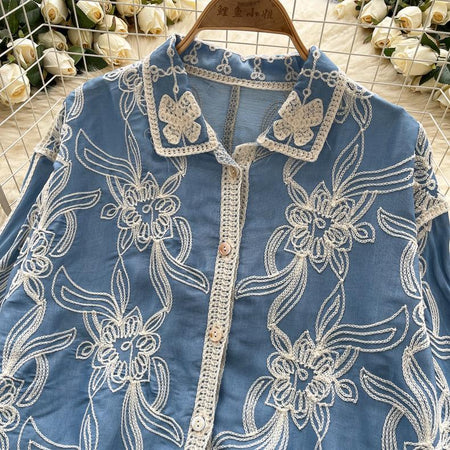 Zen Premium Embroidered Cotton Shirt - close-up of collar and embroidery detail, blue - Miss Mosa By Akanksha