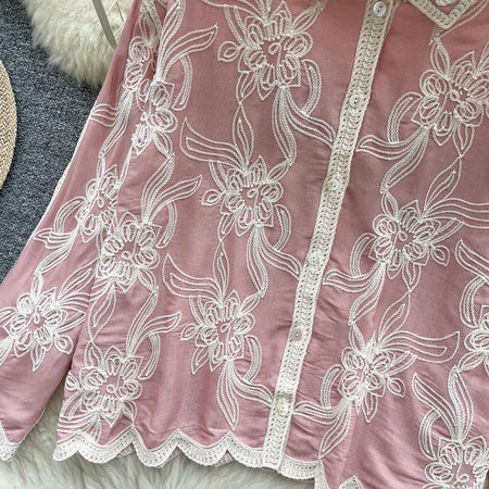 Zen Premium Embroidered Cotton Shirt - close-up of front embroidery detail, pink - Miss Mosa By Akanksha
