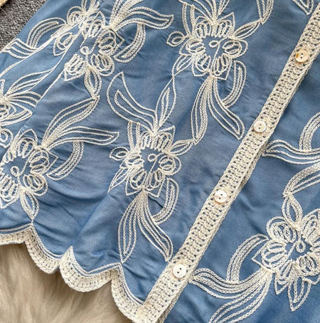 Zen Premium Embroidered Cotton Shirt - close-up of hem embroidery detail, blue - Miss Mosa By Akanksha