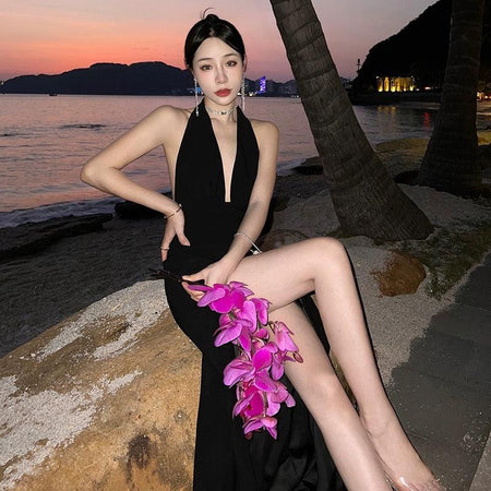 Zenith Halter neck Maxi Dress in Black - side shot on model, black - Miss Mosa By Akanksha
