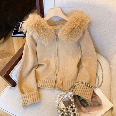 Zeta Fur Woolen Jacket In Brown - flat-lay product shot on hanger - Miss Mosa By Akanksha