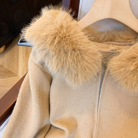 Zeta Fur Woolen Jacket In Brown - close-up shot of fur collar and zip - Miss Mosa By Akanksha