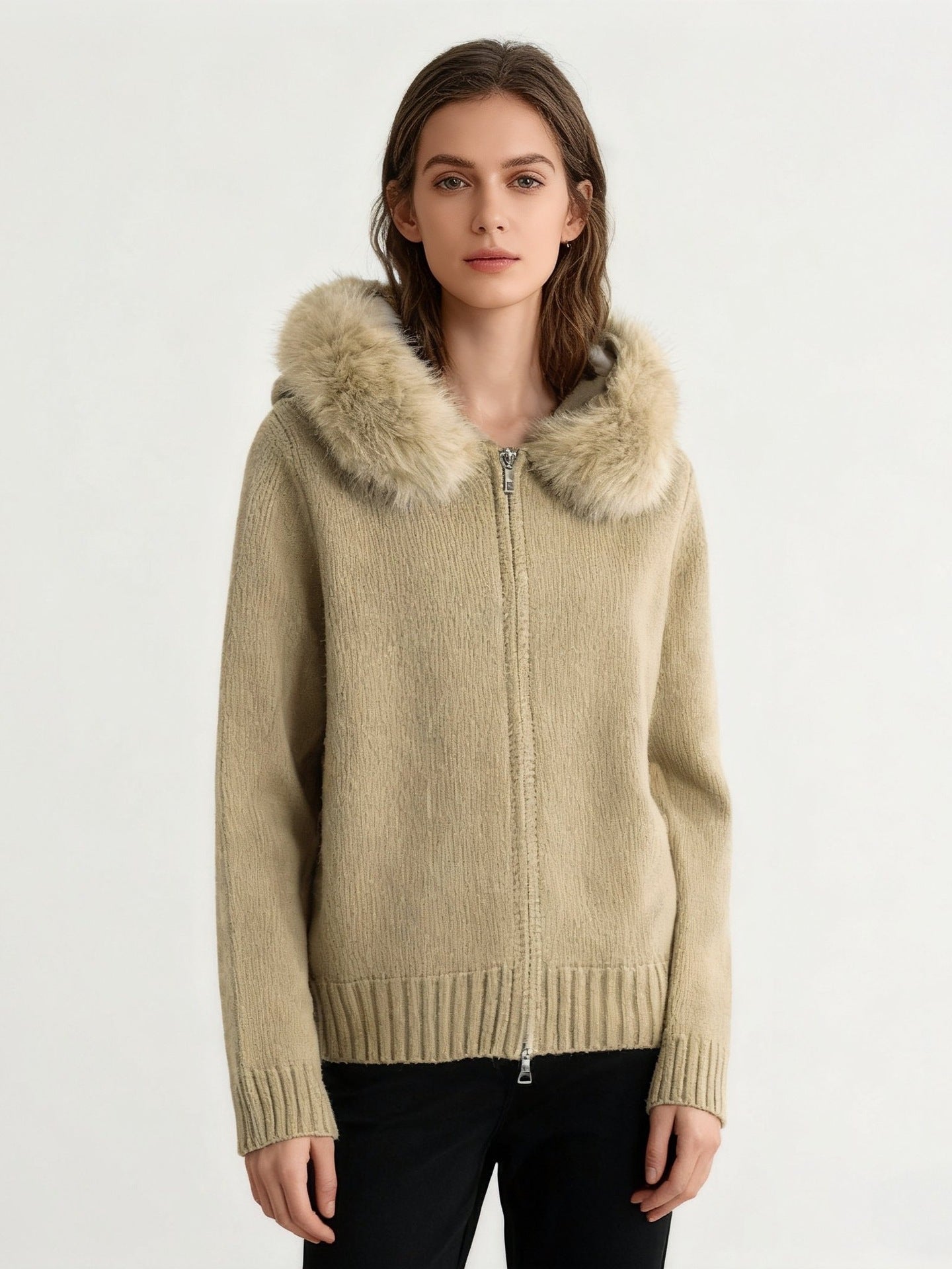 ジャケット・アウター Fur Collar Thickened Woolen Coat Zeta_Fur_Woolen_Jacket_In_Brow