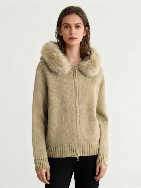 Zeta Fur Woolen Jacket In Brown - front shot on model - Miss Mosa By Akanksha