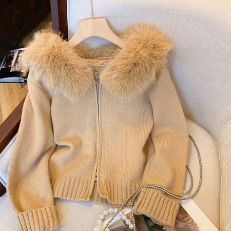 Zeta Fur Woolen Jacket In Brown - flat-lay product shot on hanger - Miss Mosa By Akanksha