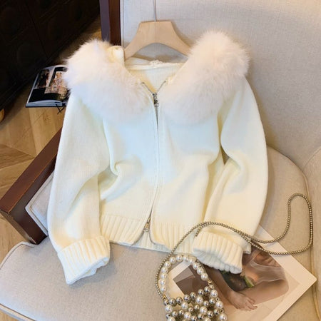 Zeta Fur Woolen Jacket In Off White - flat-lay product shot on hanger - Miss Mosa By Akanksha