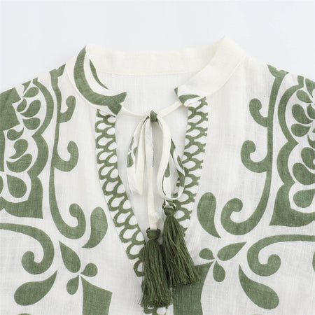 Zhenya Printed Summer Dress In White - close-up of neckline and tassel tie - Miss Mosa By Akanksha