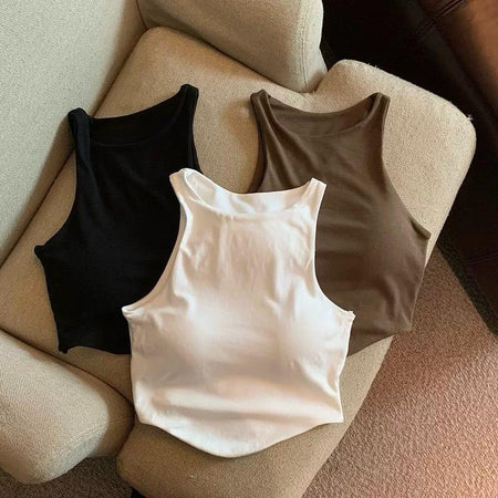 Zia Tank Top With Inbuilt Bra - flat-lay product shot of three tank tops, black, white and brown - Miss Mosa By Akanksha