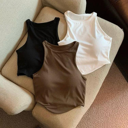 Zia Tank Top With Inbuilt Bra - flat-lay product shot of three tank tops, black, white and brown - Miss Mosa By Akanksha