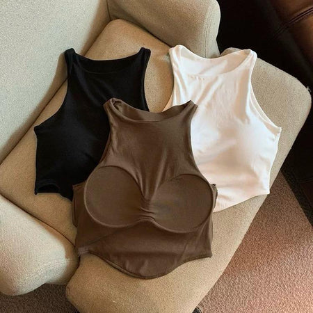 Zia Tank Top With Inbuilt Bra - flat-lay product shot of three tank tops, black, white and brown - Miss Mosa By Akanksha