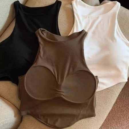 Zia Tank Top With Inbuilt Bra - flat-lay product shot of three tank tops, black, white and brown - Miss Mosa By Akanksha