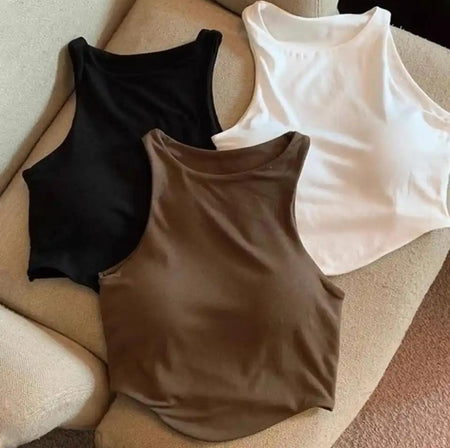 Zia Tank Top With Inbuilt Bra - flat-lay product shot of three tank tops, black, white and brown - Miss Mosa By Akanksha