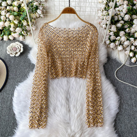 Zinia Mesh Sequined Crop Top - flat-lay product shot, gold - Miss Mosa By Akanksha