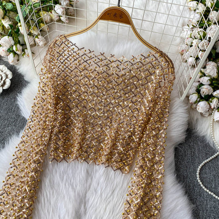 Zinia Mesh Sequined Crop Top - flat-lay product shot, gold - Miss Mosa By Akanksha