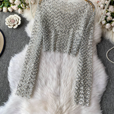 Zinia Mesh Sequined Crop Top - flat-lay product shot, silver - Miss Mosa By Akanksha