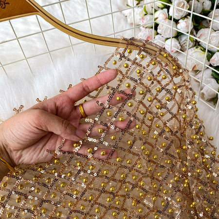 Zinia Mesh Sequined Crop Top - close-up of fabric detail, gold - Miss Mosa By Akanksha