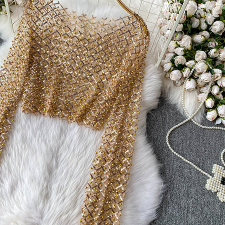 Zinia Mesh Sequined Crop Top - flat-lay product shot, gold - Miss Mosa By Akanksha