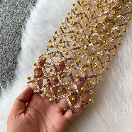 Zinia Mesh Sequined Crop Top - close-up of fabric detail, gold - Miss Mosa By Akanksha