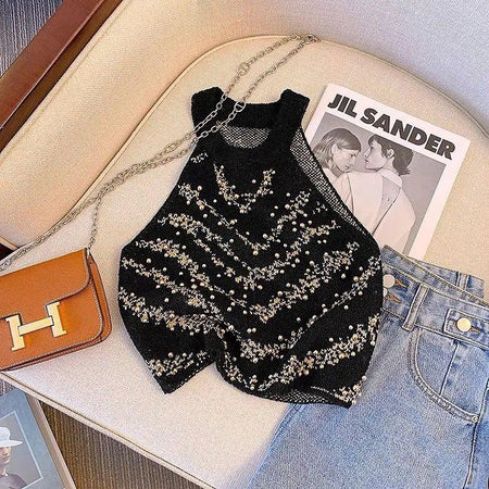 Zinnia Pearl Detailed Top - styled flat-lay shot, black - Miss Mosa By Akanksha
