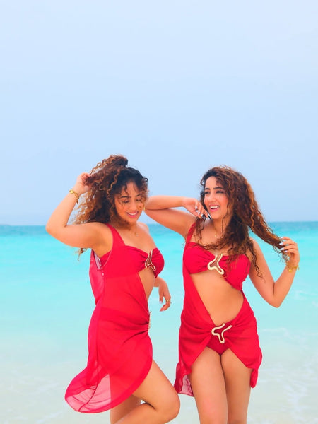 Ziva 2 Pcs Swimsuit With Coverup - styled shot, red - Miss Mosa By Akanksha