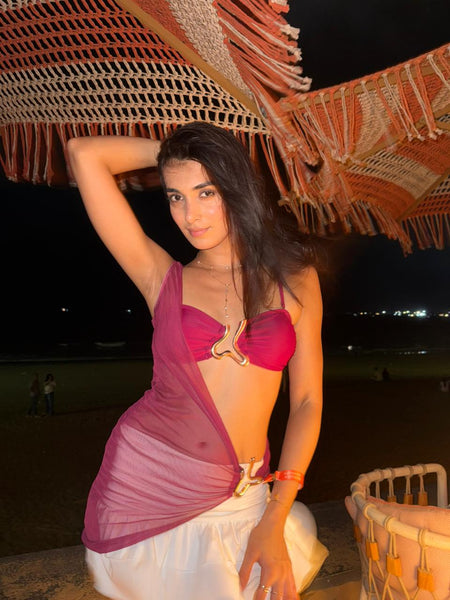 Ziva 2 Pcs Swimsuit With Coverup - styled shot, brown - Miss Mosa By Akanksha