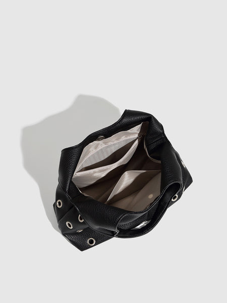 Zod Rivet PU Tote Bag - interior shot showing lining and pockets, black - Miss Mosa By Akanksha