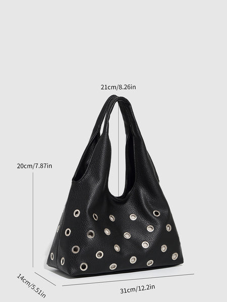 Zod Rivet PU Tote Bag - product shot with dimensions, black - Miss Mosa By Akanksha