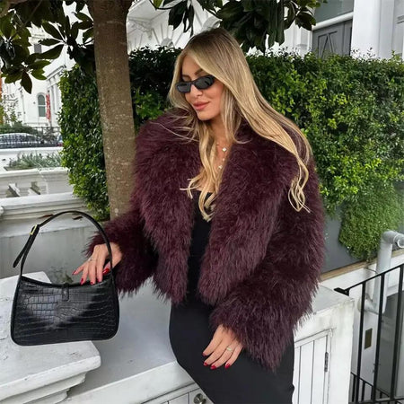 Zoe Soft Fur Luxe Jacket - front shot on model outdoors, burgundy - Miss Mosa By Akanksha