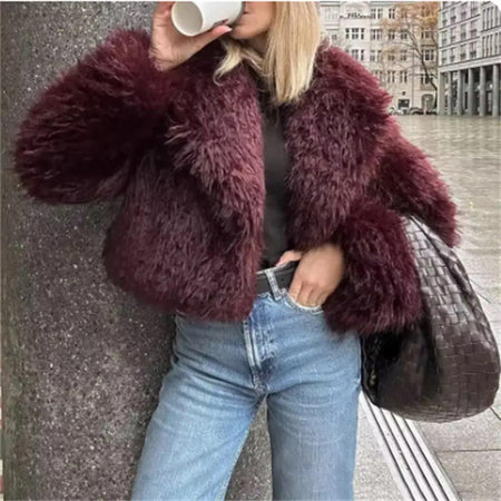 Zoe Soft Fur Luxe Jacket - front shot on model outdoors, burgundy - Miss Mosa By Akanksha
