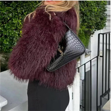 Zoe Soft Fur Luxe Jacket - side shot on model with bag, burgundy - Miss Mosa By Akanksha