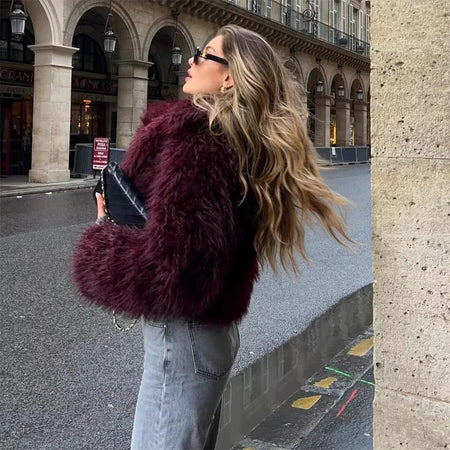 Zoe Soft Fur Luxe Jacket - side shot on model outdoors, burgundy - Miss Mosa By Akanksha