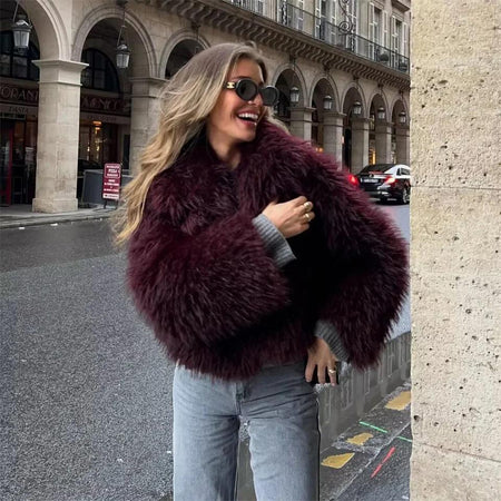 Zoe Soft Fur Luxe Jacket - front shot on model outdoors, burgundy - Miss Mosa By Akanksha