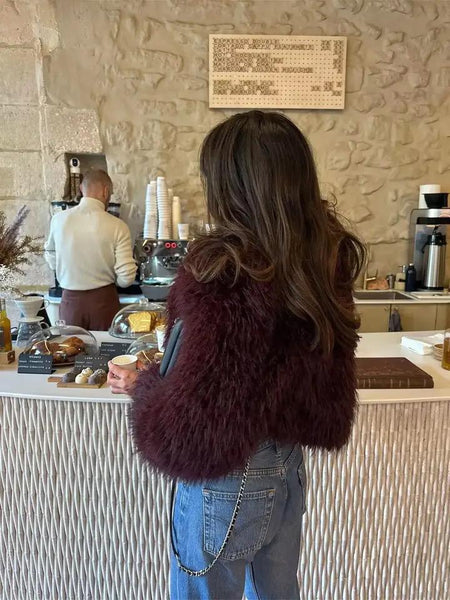 Zoe Soft Fur Luxe Jacket - back shot on model, burgundy - Miss Mosa By Akanksha