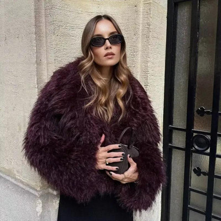 Zoe Soft Fur Luxe Jacket - front shot on model outdoors, burgundy - Miss Mosa By Akanksha