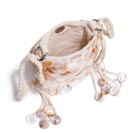 Zoey Shell Sling Bag - angled shot of open interior, cream and mother-of-pearl - Miss Mosa By Akanksha