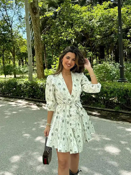 Zoey Summer Holiday Dress In Beige - full-length front shot on model - Miss Mosa By Akanksha