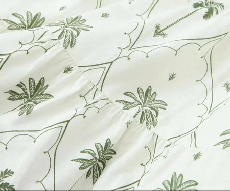 Zoey Summer Holiday Dress In Beige - close-up shot of fabric print - Miss Mosa By Akanksha